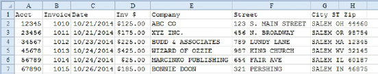 You can Cut all of the invoice totals and paste to the right of the section 1 results. For each additional section, cut and paste the results to the right. This now shows an eight column data set with Acct, Invoice, Date, Invoice Total, Company, Street, City, State, and Zip. 