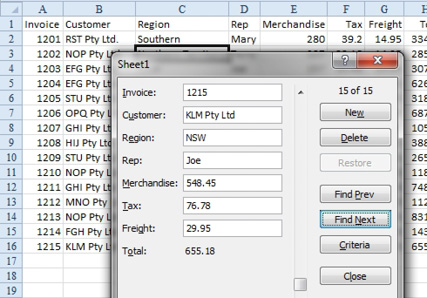 The Data Form tool. You need to key data in to columna A through G and a formula in H calculates a total. Open the Form and Excel uses the worksheet name as the title of the dialog. The headings from row 1 become labels along the left side of the form. Any columns that contain constants will have a textbox. The columns with formulas will display the result of the formula. As you type in the textboxes, the data you type is entered in the grid. In this figure, you are seeing record 15 of 15. There are buttons for Previous Record, Next Record, New Record, Delete Record, Restore Record, Criteria, and Close.