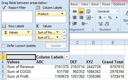 Drag Sigma Values tile from Column Labels to Row Labels. Now Sum of Revenue, Sum of COGS, and Sum of Product is in A5:A7.