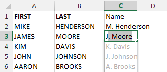 You type M. Henderson in C2. Then start to type J in C3. Flash Fill leaps into action, offering to finish C3 as J. Moore and then all of the remaining data in column C is offered in a light grey font. All you have to do to accept it is press Enter. 