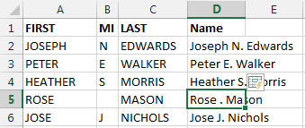 Your data is missing some people's Middle Initials. The Flash Fill answer looks bad, with Rose space period space Mason.