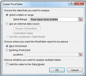 The Create PivotTable dialog offers a range of A1:H564. You have a choice if the pivot table should be on a new worksheet or a location on an Existing Worksheet. 