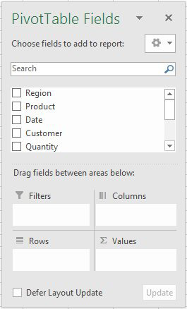 The PivotTable Fields pane.  The Fields box has checkboxes next to fields like Region, Product, Date. At the bottom are four drop zones, labeled Filters, Columns, Rows, and Values.