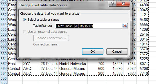 The Change PivotTable Data Source dialog allows you to change the range used in the pivot table. 