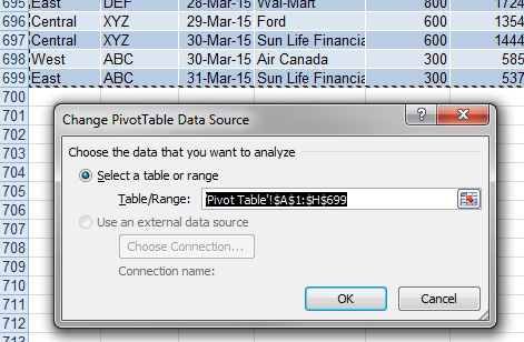 With the records now stretching to row 699, change the PivotTable Data Source to A1:H699.