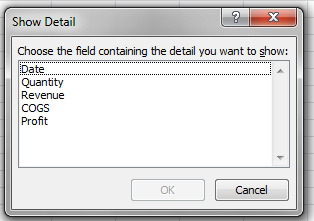 If you try to expand a field when there are no additional row fields, the Show Detail dialog offers all of the other available fields. 