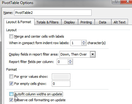 In PivotTable Options, on the Layout & Format tab, uncheck Autofit column widths on update. 