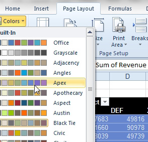 Use the Colors drop-down on the Page Layout tab to change the six theme colors.