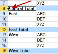 Hover the mouse over the Central Total in A8. Slowly move towards the left edge until the mouse cursor turns into a arrow pointing to the right. Click when you see that arrow appear and you will select all Region Total Rows.