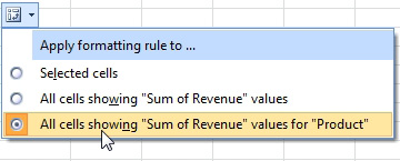 Use the drop-down menu on the Pivot Table icon. Apply Formatting Rule To...  Choose All Cells Showing Sum of Revenue Values for Product. The other choices are Selected Cells or All Cells Showing Sum of Revenue values.