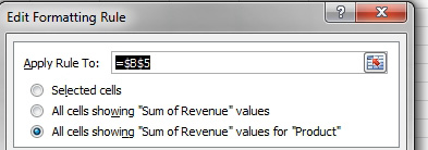 In the Edit Formatting Rule dialog, it says Apply Rule to $B$5. Choose All Cells Showing "Sum of Revenue" values for "Product".