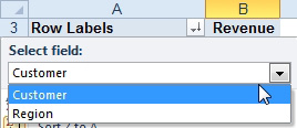 In a pivot table that is both in Compact Layout and had multiple row fields, you first open the Row Labels drop-down and then have to choose the appropriate field from the list. 