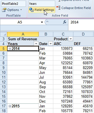 The daily dates in the pivot table are replaced with 24 rows of months and years (the data set spans two full years)