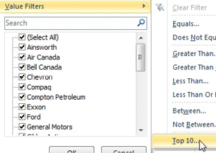 Open the Filter for customer. Choose Values Filters, Top 10