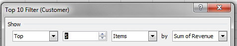 The Top 10 Filter dialog lets you choose Top or Bottom, enter a number, then choose Items, Percent, or Value and then specify Sum of Revenue, Sum of COGS, or Sum of Profit.  For this example, select Top 5 Items by Sum of Revenue.