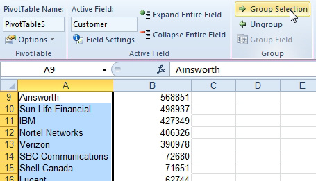 If you want the smaller customers in an "All Other" line, sort the data by customer. Select customers starting with the sixth largest and click Group Selection. 