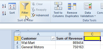 The Filter command on the Data tab is greyed out if you are in a pivot table. But if you choose one of the blank cells immediately to the right of the pivot table, you can click the Filter and the pivot table headings will have filter icons. This is a loophole or bug in Excel.