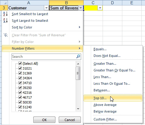 From the Sum of Revenue drop-down in B3, choose Number Filters, Top 10...