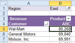 The numbers in the pivot table are limited to the sales in the East region.