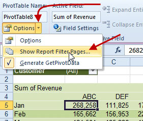 Don't click the Options button in the Ribbon. Instead, use the tiny drop-down arrow to the right of the button. The second choice is Show Report Filter Pages. 