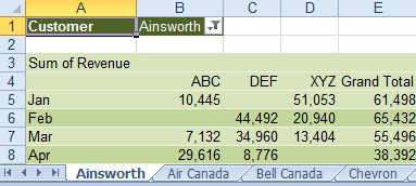 27 new sheets are inserted in the workbook, one for each customer. The customer name is on the worksheet tab and is selected from the filter in B1. 