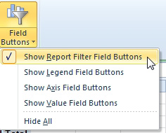 With a pivot chart selected, open the Field Buttons drop-down. Choices include
Show Report Filter Field Buttons
Show Legend Field Buttons
Show Axis Field Buttons
Show Value Field Buttons
Hide All