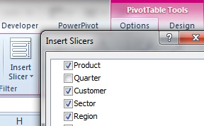 On the Pivot Table Tools Analyze tab, choose Insert Slicer. In the Insert Slicers dialog, choose Product, Customer, Sector, and Region.