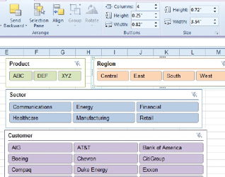 Drag the slicers into new positions so you can see all of each slicer. Change the colors (Product as green, Region as Orange, Sector as Blue, Customer as Purple). Using the Slicer Tools ribbon, change the number of Columns for each slicer:  Product is 3 columns. The other slicers are four columns.