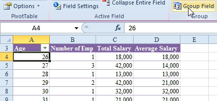 A pivot table with Age in the Row field. Employee ages start at 26 (1 employee, $18,000 in salary). In this screenshot, you can see details for ages 26 through 31. For example There are 2 employees aged 29. They make a combined $42,000 or an average of $21,000 each. With the cell pointer on the first Age cell, choose Group Field.