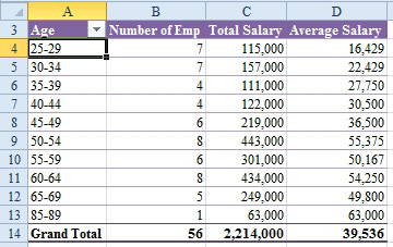 The pivot table now shows age groups:
25-29 - 7 employees averaging $16K
Age 50-54 there are 8 employees averaging $55K and so on.