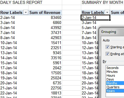 You hope to create two pivot tables. One by month and one by day. When you group the second pivot table by Months and Years, the first pivot table is also grouped.