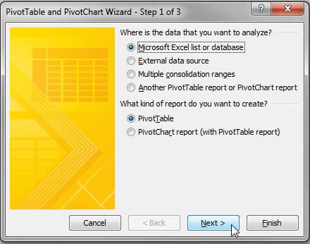 The legacy PivotTable and PivotChart Wizard - Step 1 of 3.