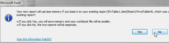 The tricky question:  Your New Report Will Use Less Memory if you base it on your existing report. Click Yes to Save Memory.  You have to answer No here to force the second pivot table into a second pivot cache.