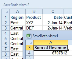 Build a pivot table with only Revenue in the Values area. The pivot table is two cells: Sum of Revenue in A3 and $6.7 Million in A4.  Cell A4 essentially holds the summary of the data in A1:H564.