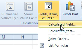 On the Pivot Table Analyze ribbon tab, open the Fields Items & Sets drop-down menu and choose Calculated Field. Other choices here are Calculated Item, Solve Order, and List Formulas. 