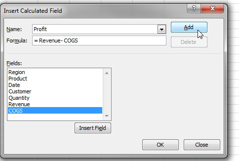 In the Insert Calculated Field dialog, the name is Profit. The Formula is = Revenue - COGS