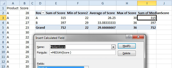 A pivot table with Product in the rows area. Columns are Sum of Score, Min of Score, Average of Score, Max of Score. But the Calculated Field can't be right. The name is MedianScore. The formula is =MEDIAN(Score). In the pivot table, this shows as Sum of MedianScore, but the answers are all the same as the Sum of Score column