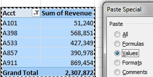 A pivot table with only Account and Revenue is copied. The Paste Special dialog is showing Values. 