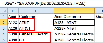 A different solution: In the original data set, you have Account in D and Customer in E. Add a Account-Customer column that concatenates =D2 & "-" & VLOOKUP(D2,$D$2:$E$563,2,False).