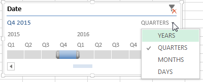 With a timeline slicer, you can choose Years, Quarters, Months, or Days.