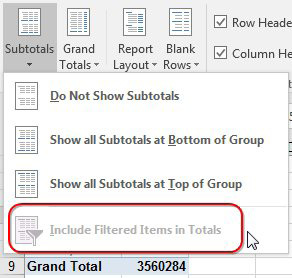 On the Design tab in the Ribbon, open the Subtotals drop-down. The last choice, Include Filtered Items in Totals is perpetually greyed out. 