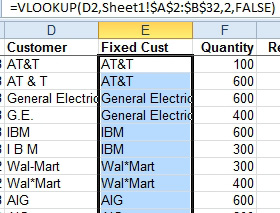 In the original data, insert a new Fixed Customer column that VLOOKUPs into the data you added in the pivot table.