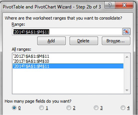 In the old days, you could choose Multiple Consolidation Ranges for a pivot table. This figure shows the old Pivot Table Wizard Step 2B of 3, where you would specify all the ranges to consolidate.