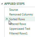 The Applied Steps panel in Power Query lists all of the data cleansing actions you've performed. Hover over a step and an "X" icon for Delete appears. 