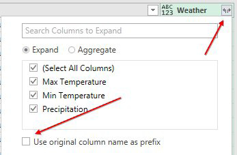 Expand the Weather column. Uncheck Use Original Column Name as Prefix. Keep all three columns checked for Max Temperature, Min Temperature, and Precipitation.