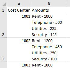 Cell A2 is for cost center 1001. In cell B2, four lines items appear, each with a label a dash, and a number:
Rent - 1000
Telephone - 500
Utilities - 225
Security - 125
Row 3 has similar data for cost center 1002.