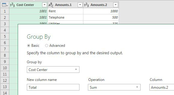 Choose the Cost Center column and then Transform, Group By. In the Group By dialog, choose Basic, Group by Cost Center, New Column Name is Total, Operation is Sum, Column is Amounts.2.