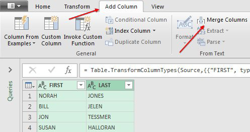 You have first name in column A and last name in column B. Select both columns in Power Query and choose Add Column, Merge Columns. 