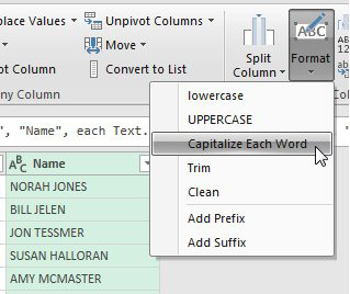 With the names merged, select the new column and go to the Format drop-down menu. Choose Capitalize Each Word. Other choices here are lowercase, UPPERCASE, Trim, Clean, Add Prefix and Add Suffix.