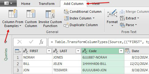 You want to extract the three characters starting at position 6 from the Code column. Select that column. In Power Query, choose the Add Column tab and then the Column from Examples icon.